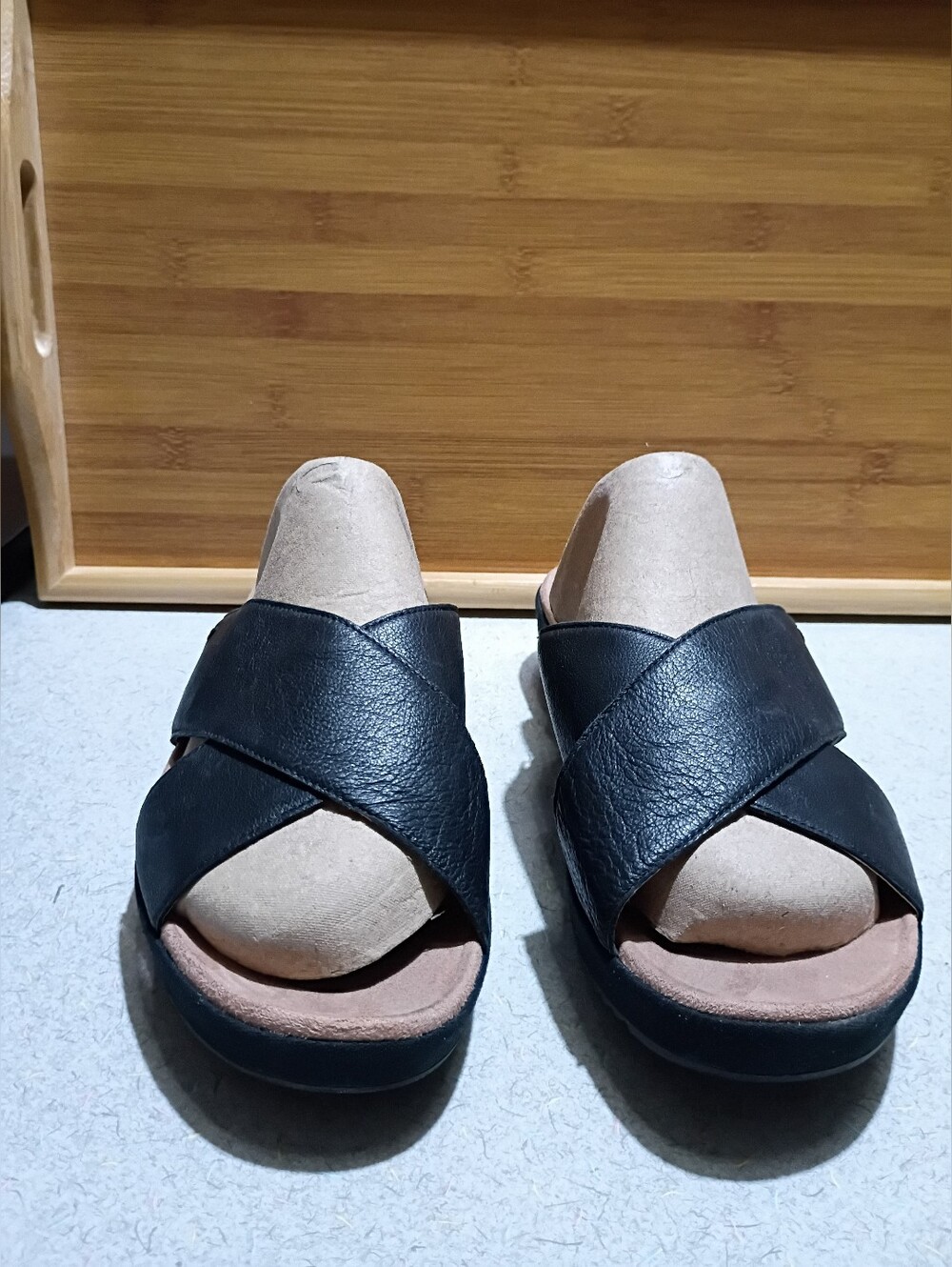 Vionic Black Leather Wedge Slide Sandals